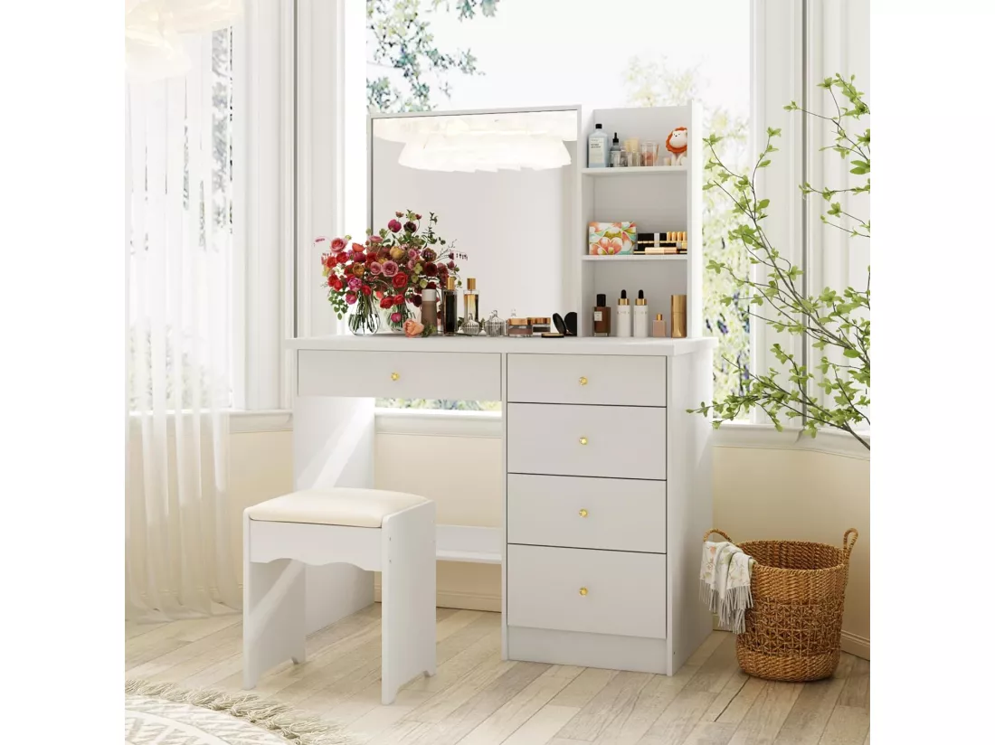Coiffeuse avec miroir et 5 tiroirs Compariment ouvert Tabouret Blanc Chambre 50x100x135cm