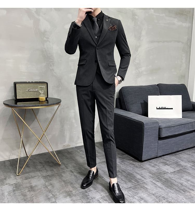Blueforce - Notch Revers Effen Enkelrijs Blazer / Vest / Mid Rise Taps Toelopende Broek / Set
