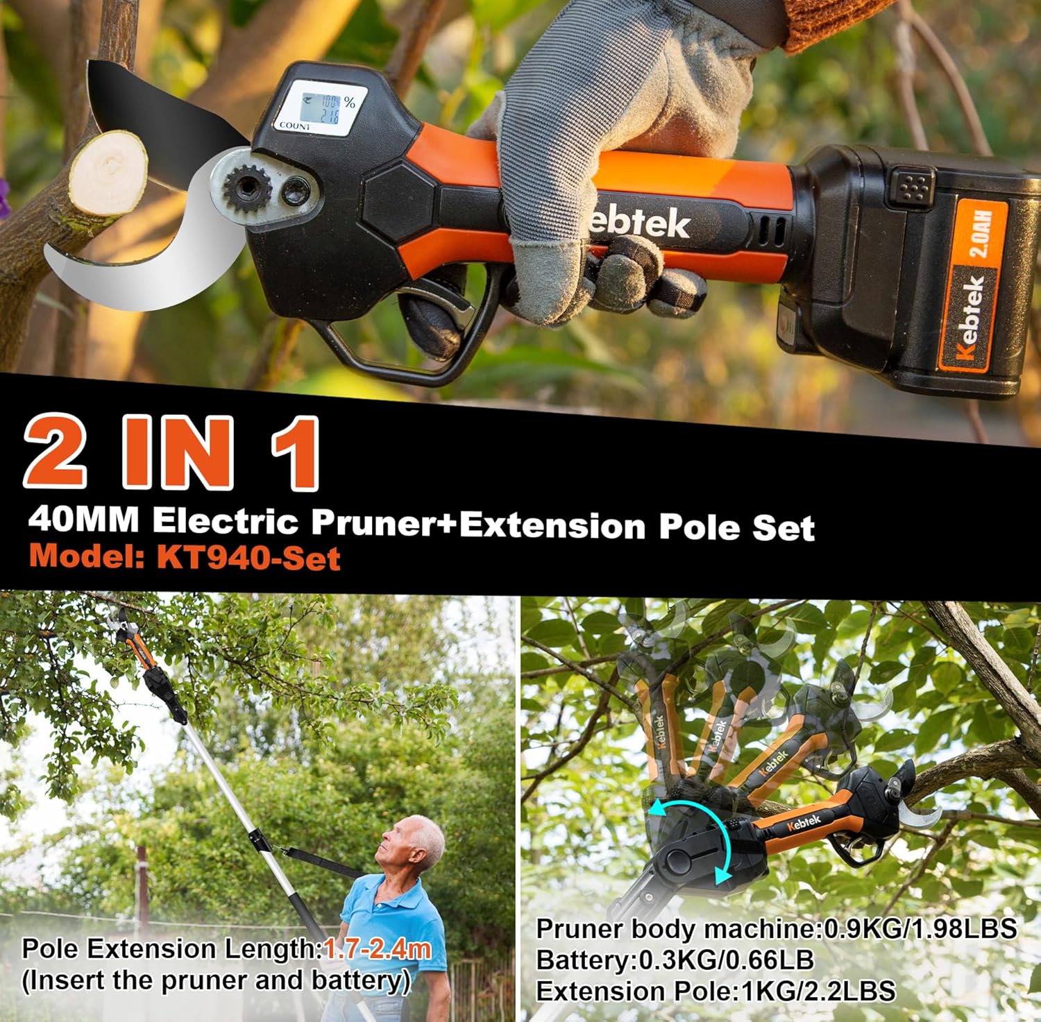 Akku Astschere 40MM Pole Set, Kebtek Professionelle Elektrische Gartenschere 18V 2Pack 2AH Lithium Batteries