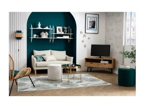 Canapé scandinave 2 places en tissu effet velours jaune moutarde et bois clair KATE
