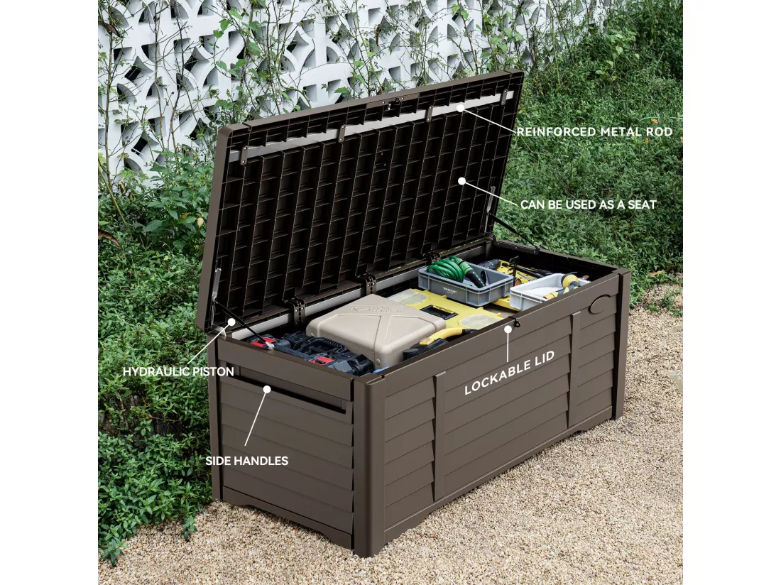 YITAHOME Grande Boîte de rangement de jardin - 450 L - Verrouillable avec Couvercle - Marron - 141 x 66,8 x 59.9 CM