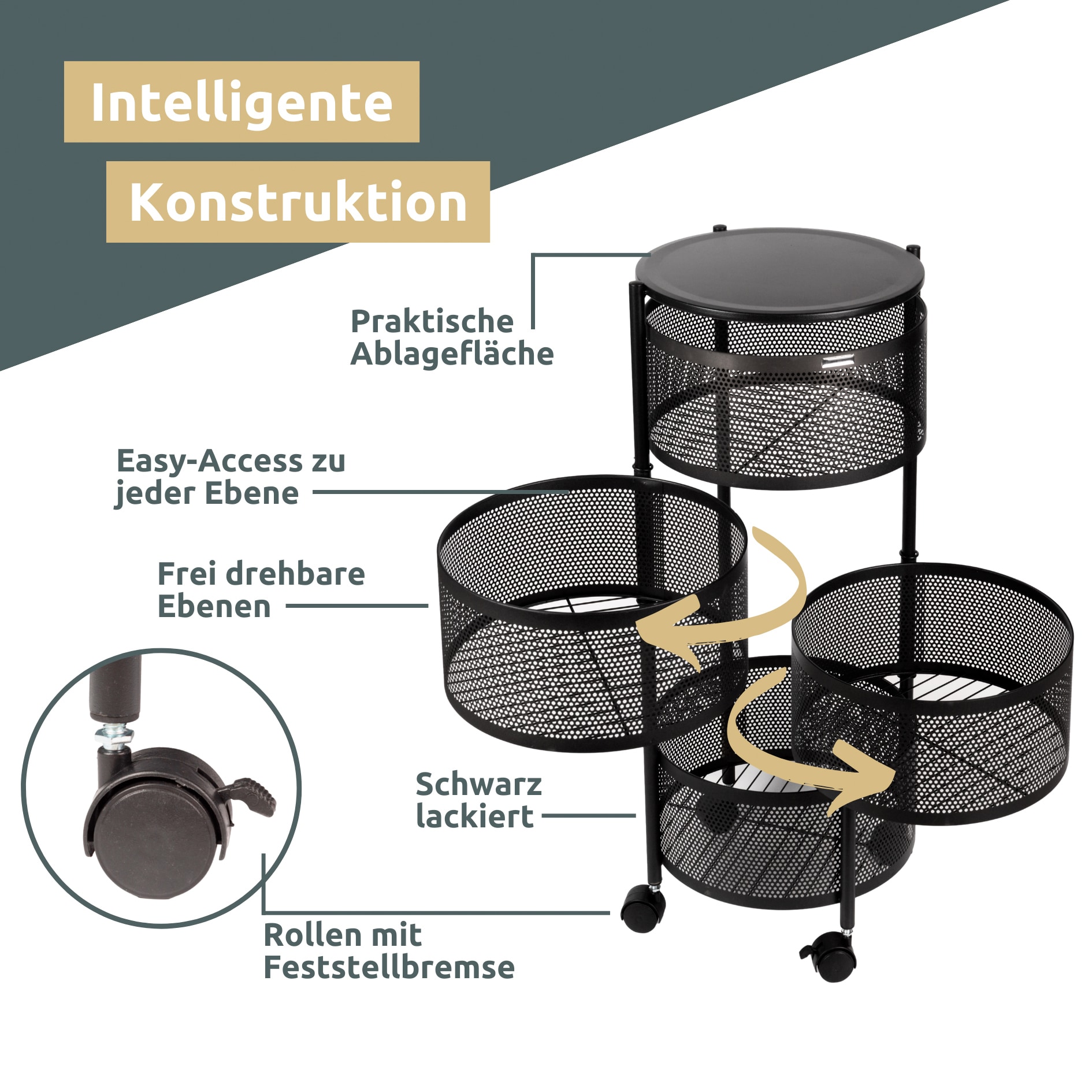 deluxe4home Rollregal 34 x 75 x 34 cm schwarz