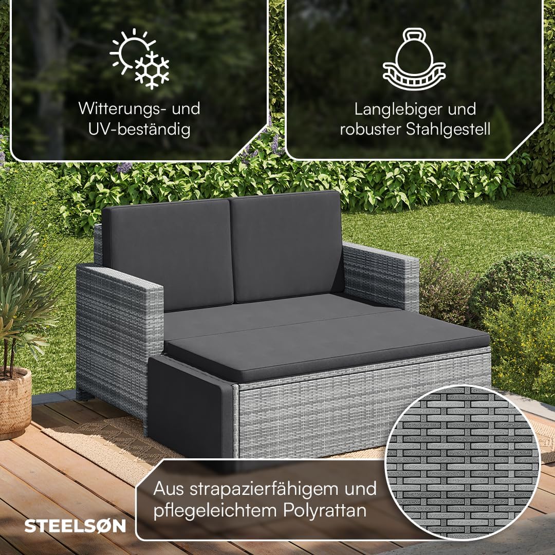 STEELSØN Gartenbank Elnath aus Polyrattan, Gartensofa für 2 Personen mit Liegefunktion und Hocker 2er Sofa mit Polster wetterfest, Terrassenmöbel in grau-meliert/anthrazit 73x65x130 cm (HxTxB)