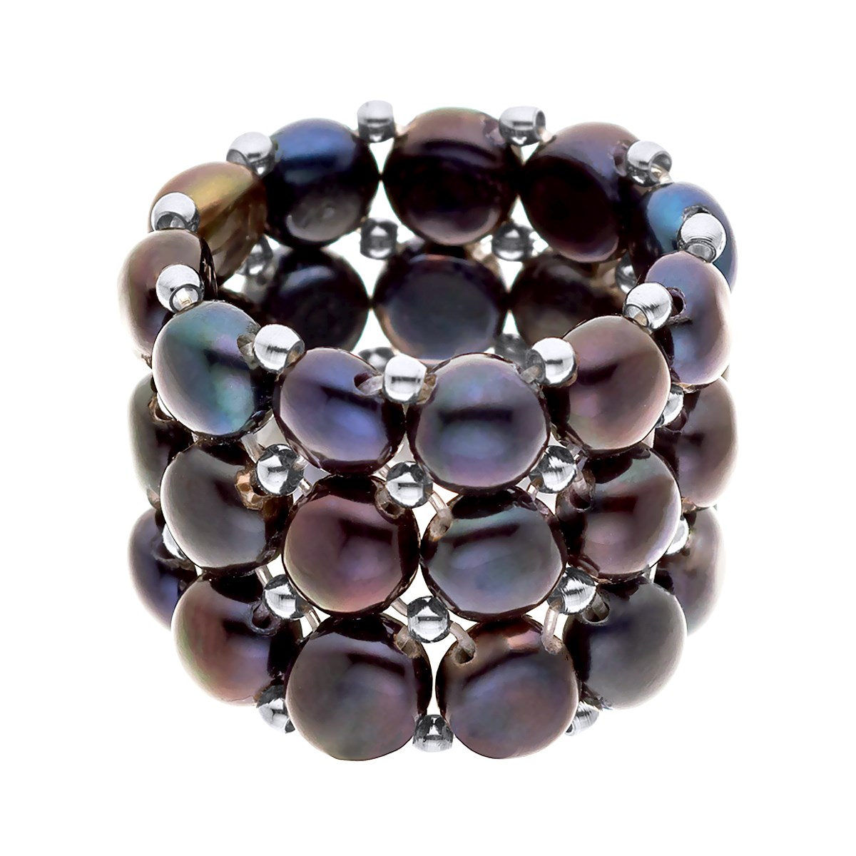 Bague Triple élastiquée Perles d'Eau Douce Noires 3-4 mm - Argent 925