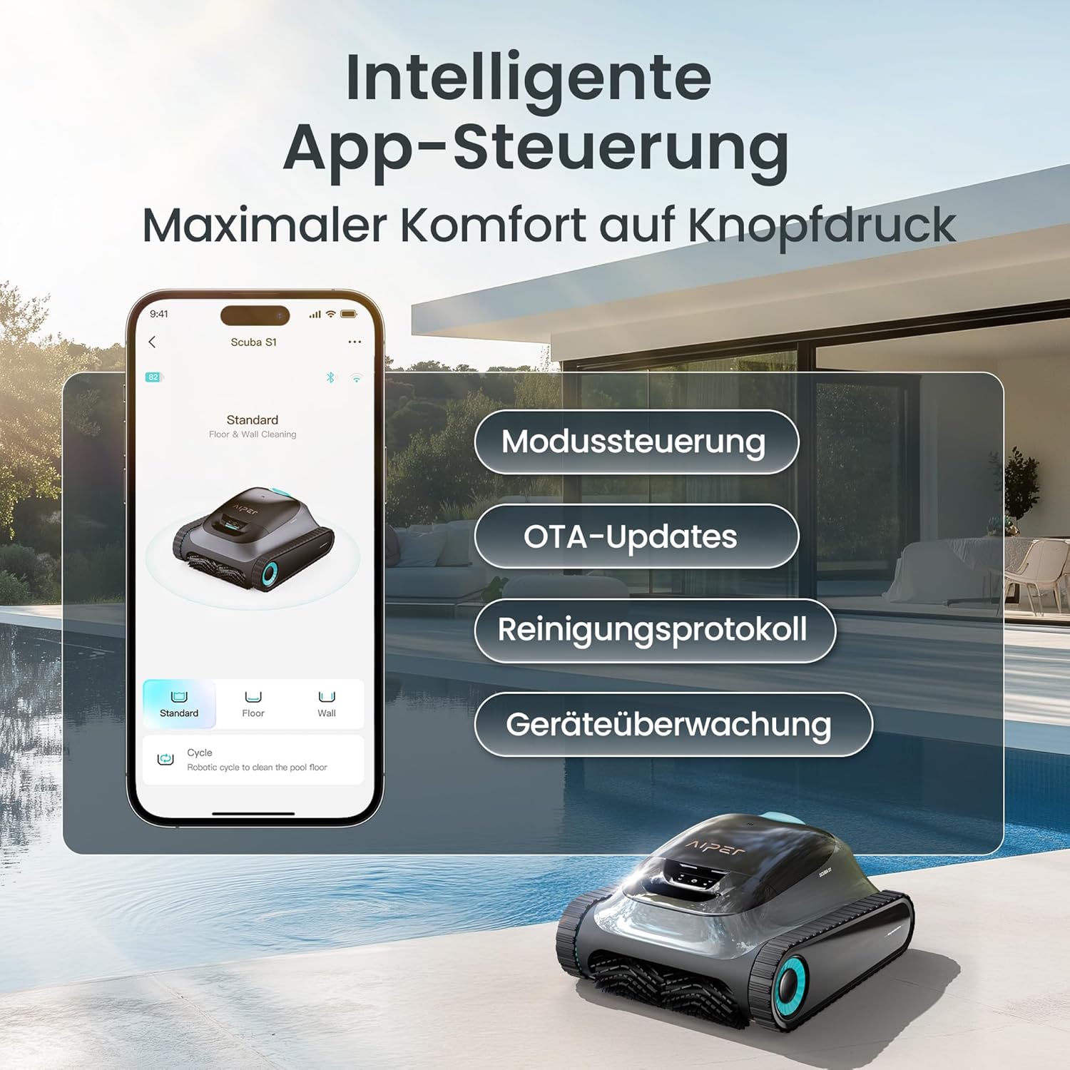 AIPER Scuba S1 APP Upgrade Poolroboter Akku, 180 Min Laufzeit, Ultrafeinfiltration, Pool Bodensauger mit Wand- & Wasserlinienreinigung, App-Steuerung & OTA-Updates, Poolsauger für Pools bis zu 150㎡