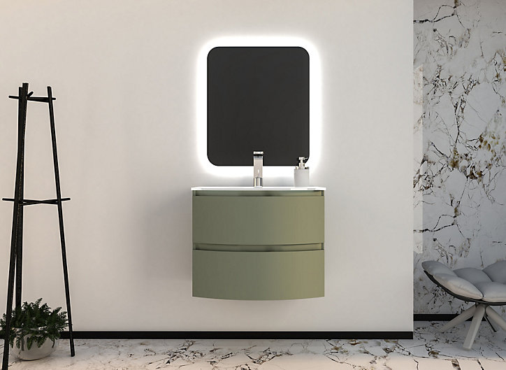 Ensemble Vague L.70 cm meuble sous vasque kaki mat à suspendre + plan vasque verre blanc