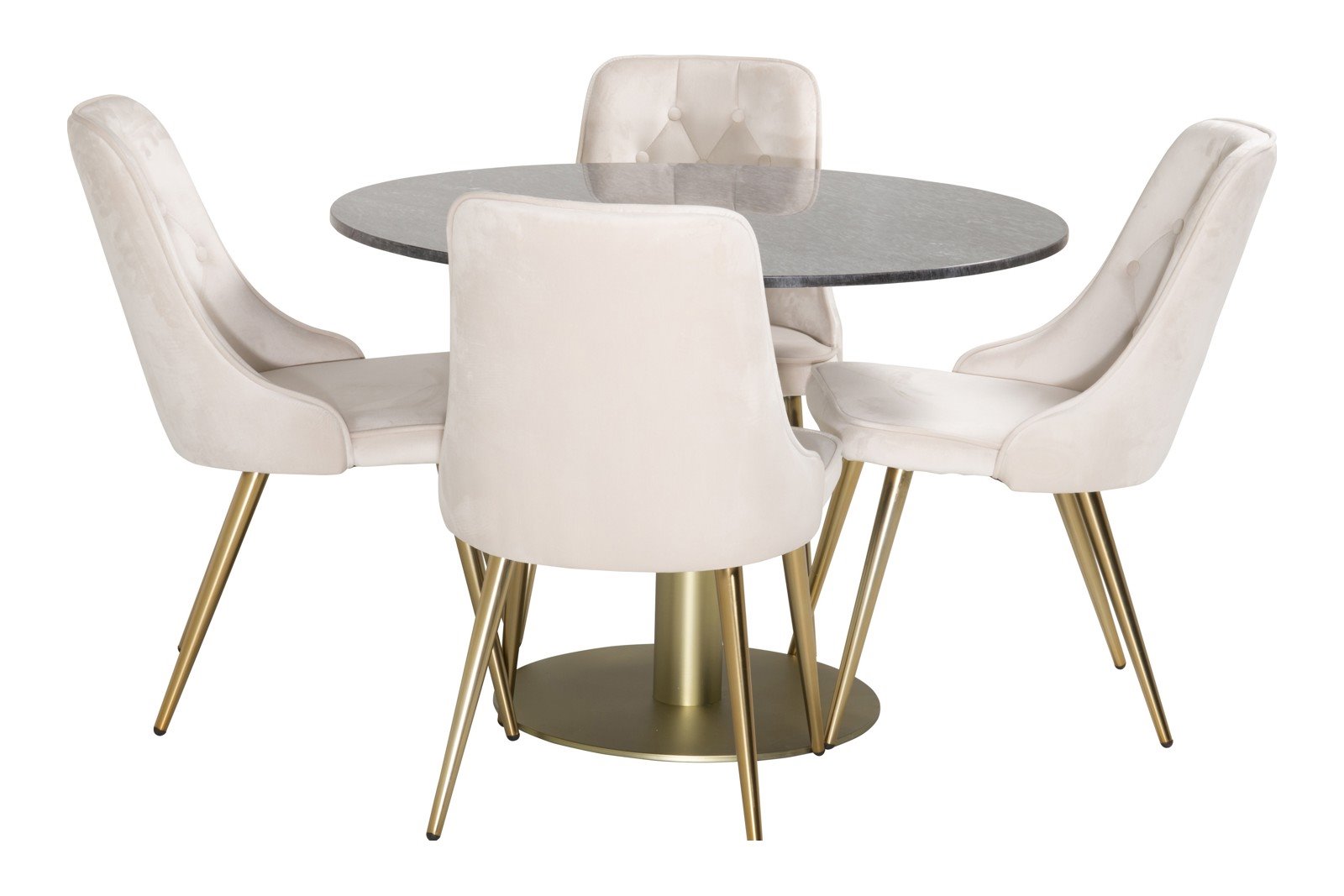 Estelle og Velvet Deluxe Spisegruppe Estelle rundt spisebord ø106 cm i mørk grå marmor og messing ben med 4 stk. Velvet Deluxe spisestoler i Beige fløyel og messing ben