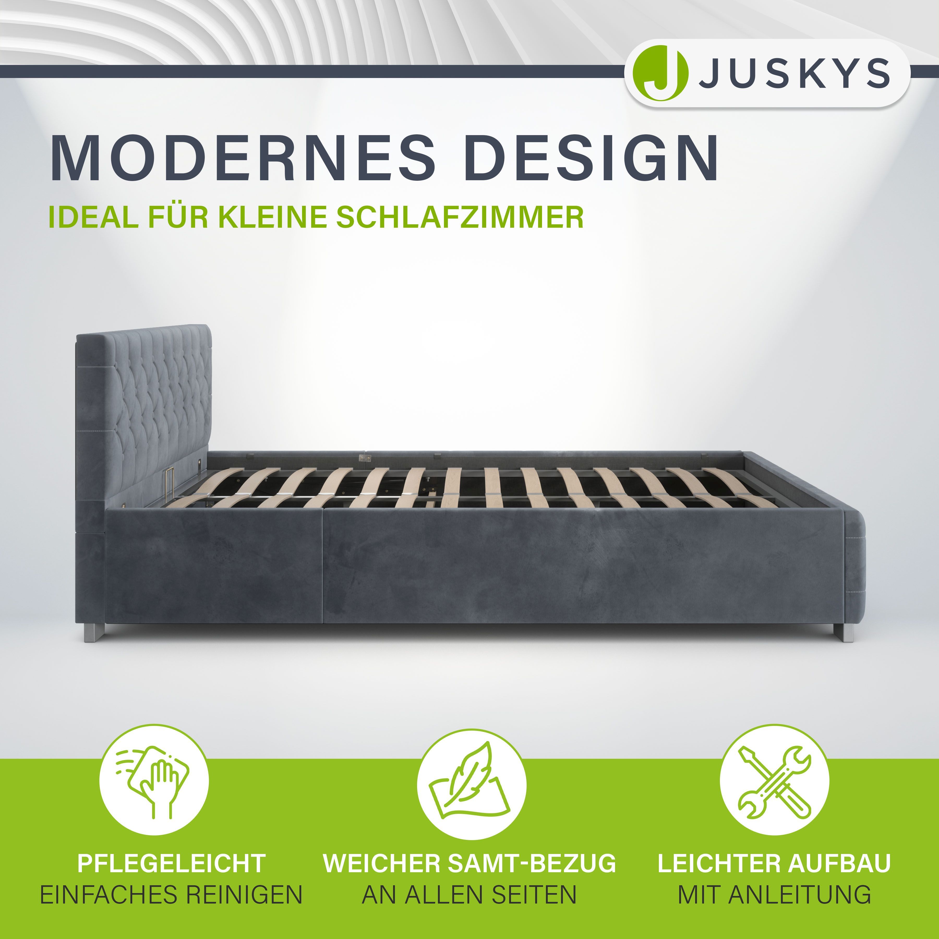 Juskys Polsterbett Nizza 120x200 cm - Lattenrost, Stauraum & LEDs - Samtbezug mit Steppung - Grau