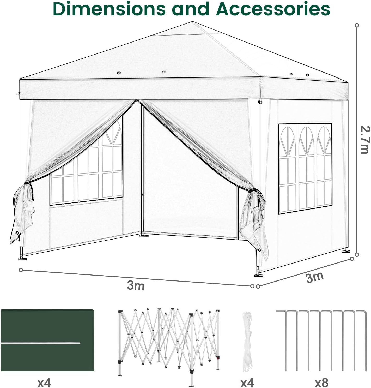 Laneetal Pavillon 3x3 m faltbar, Pop-Up Faltpavillon wasserfest Winterfest, Grillpavillon stabil, Gartenpavillon mit Seitenwänden Fenstern Tasche, für Camping Strand Garten, Grün
