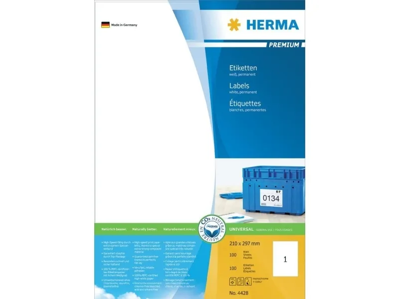 HERMA Premium - Papir - mat - permanent selvklæbende - hvid - A4 (210 x 297 mm) 100 etikette(r) (100 ark x 1) laminerede etiketter