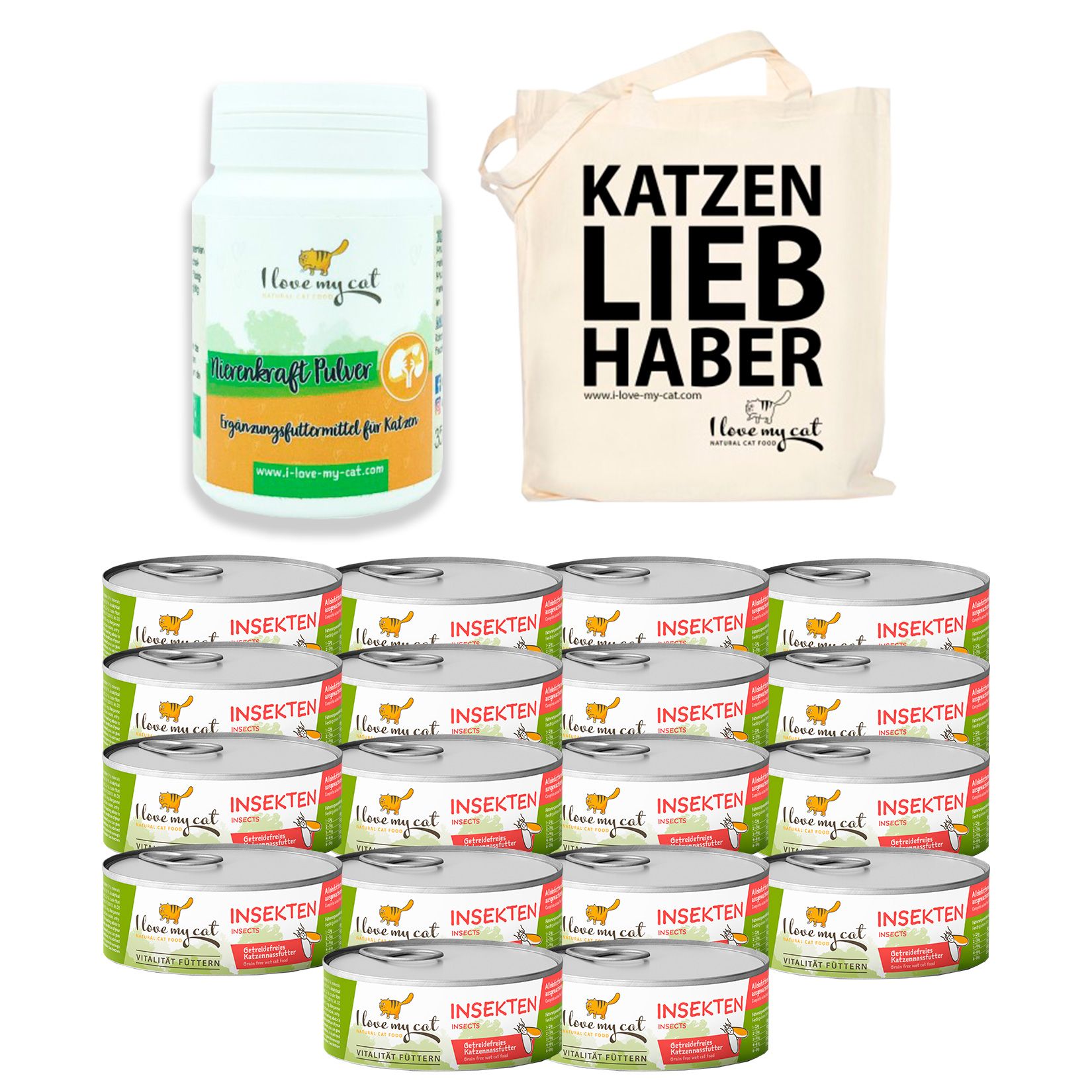 I love my cat Sparset für Katzen mit Nierenschwäche - Nassfutter + Nierenkraft Pulver + Jutebeutel