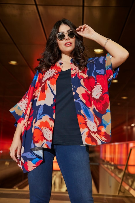 Bluse, Blüten, Oversized, Rundhals, Halbarm