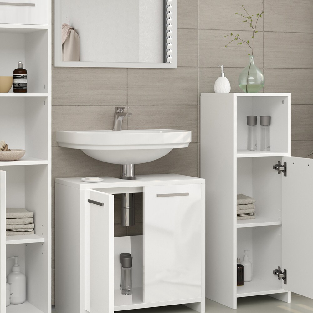 Vicco Badmöbel Set Kiko Badezimmer Spiegel Kommode Unterschrank Weiß / Weiß Hochglanz