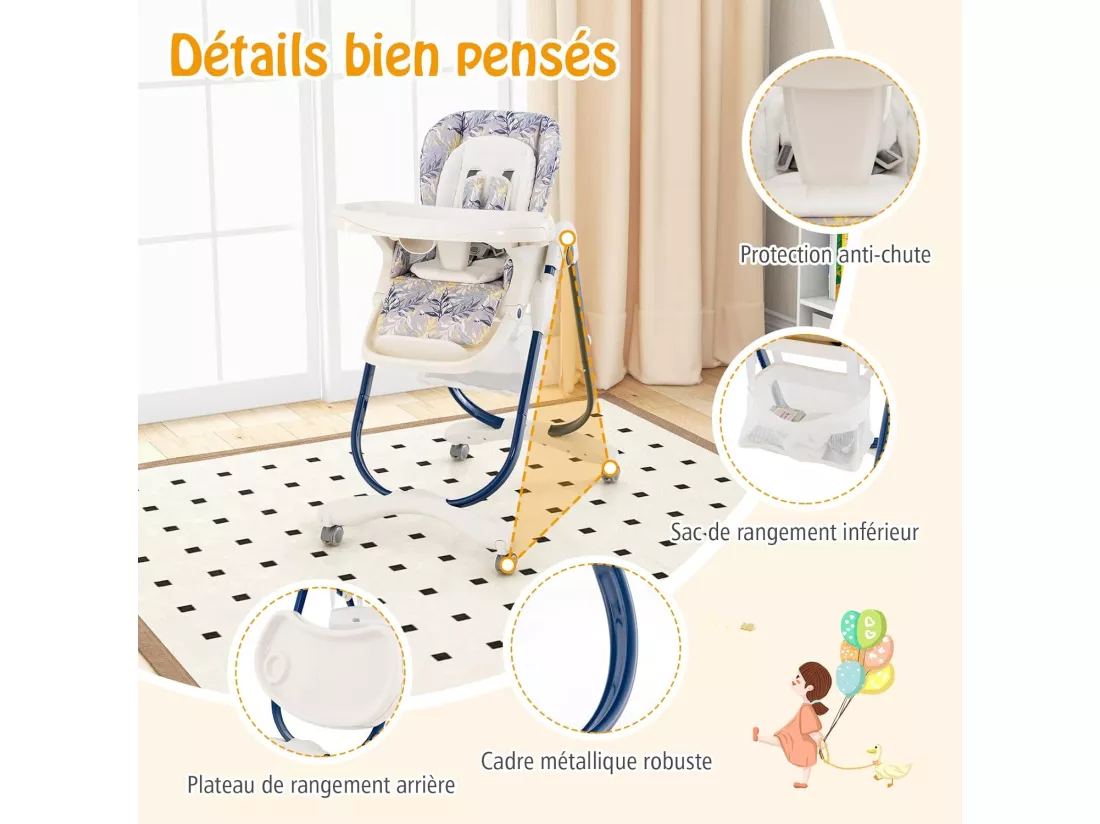 Chaise Haute Bébé Convertible, Chaise Portable pour Tout-Petits avec Double Plateau, Siège Enfant avec Hauteur/Dossier/Repose-Pieds Réglables, Roue Verrouillable, de 6 à 36 Mois (Bleu Marine)