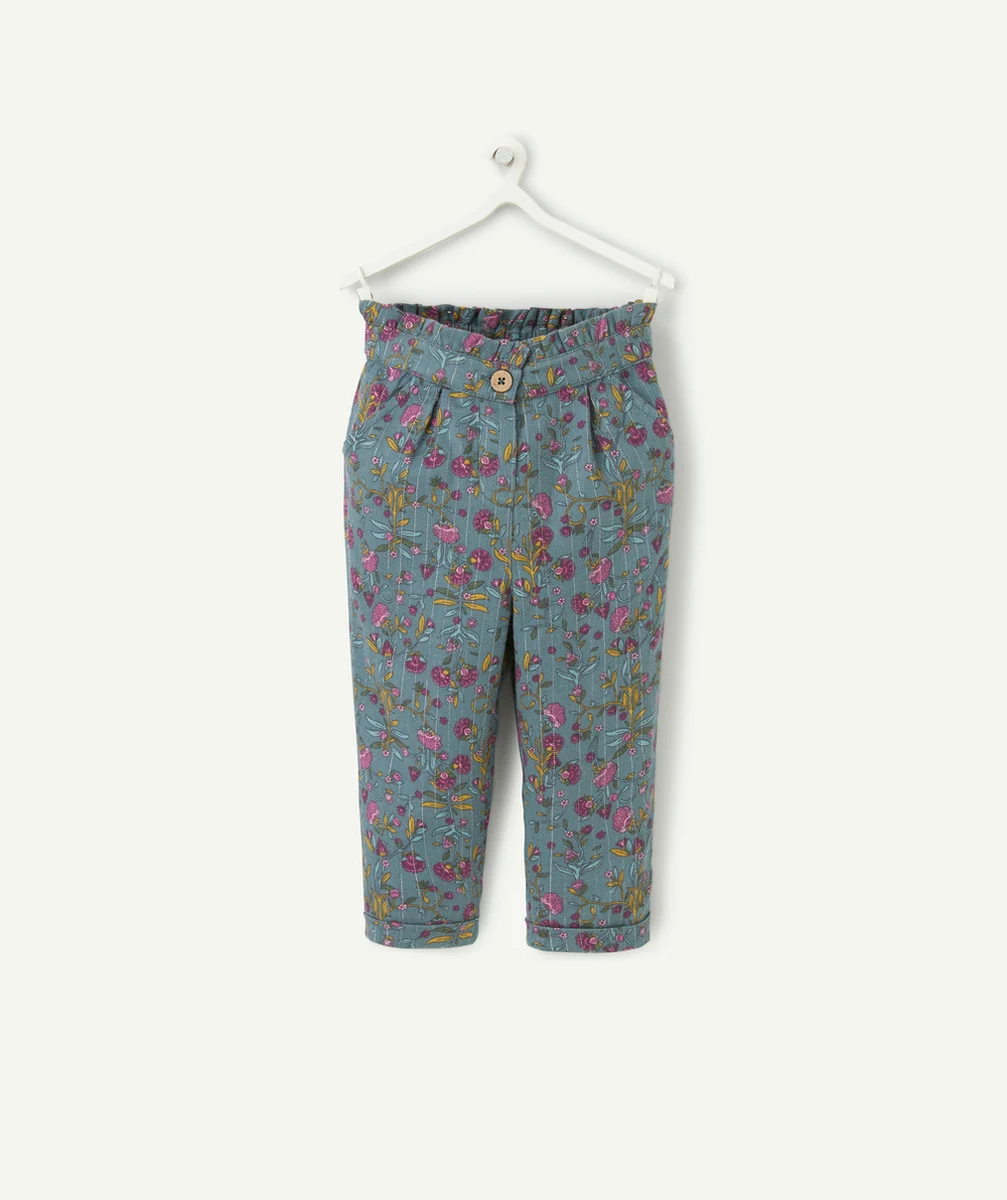 PANTALON CHINO BÉBÉ FILLE BLEU CANARD IMPRIMÉ FLORAL AVEC LISERÉS