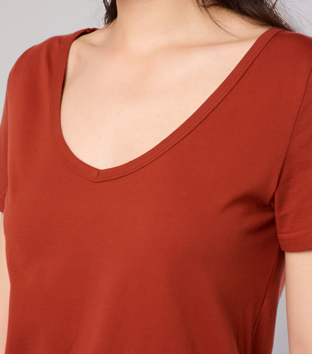 T-shirt col V Femme Terracotta - Intemporel