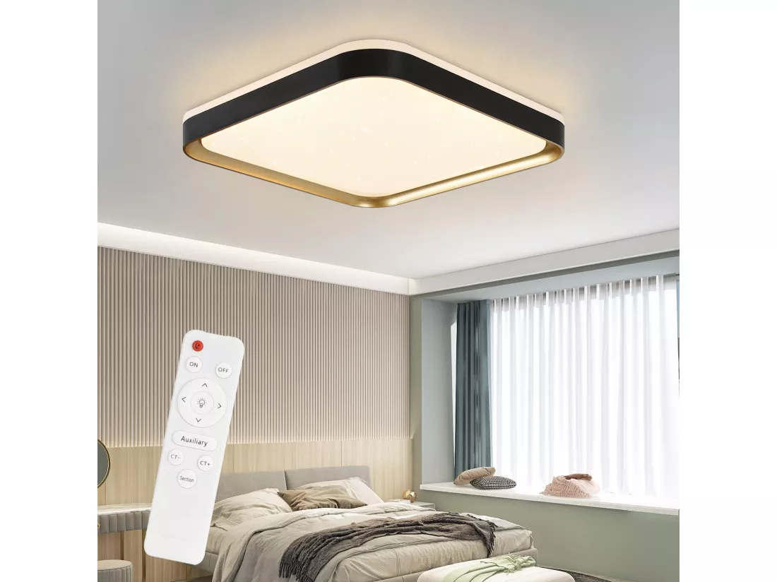 NETTLIFE Plafonnier LED Moderne Carré 32W Noir Or Dimmable avec Télécommande Lampe de Couloir 30cm pour Salon Chambre Cuisine