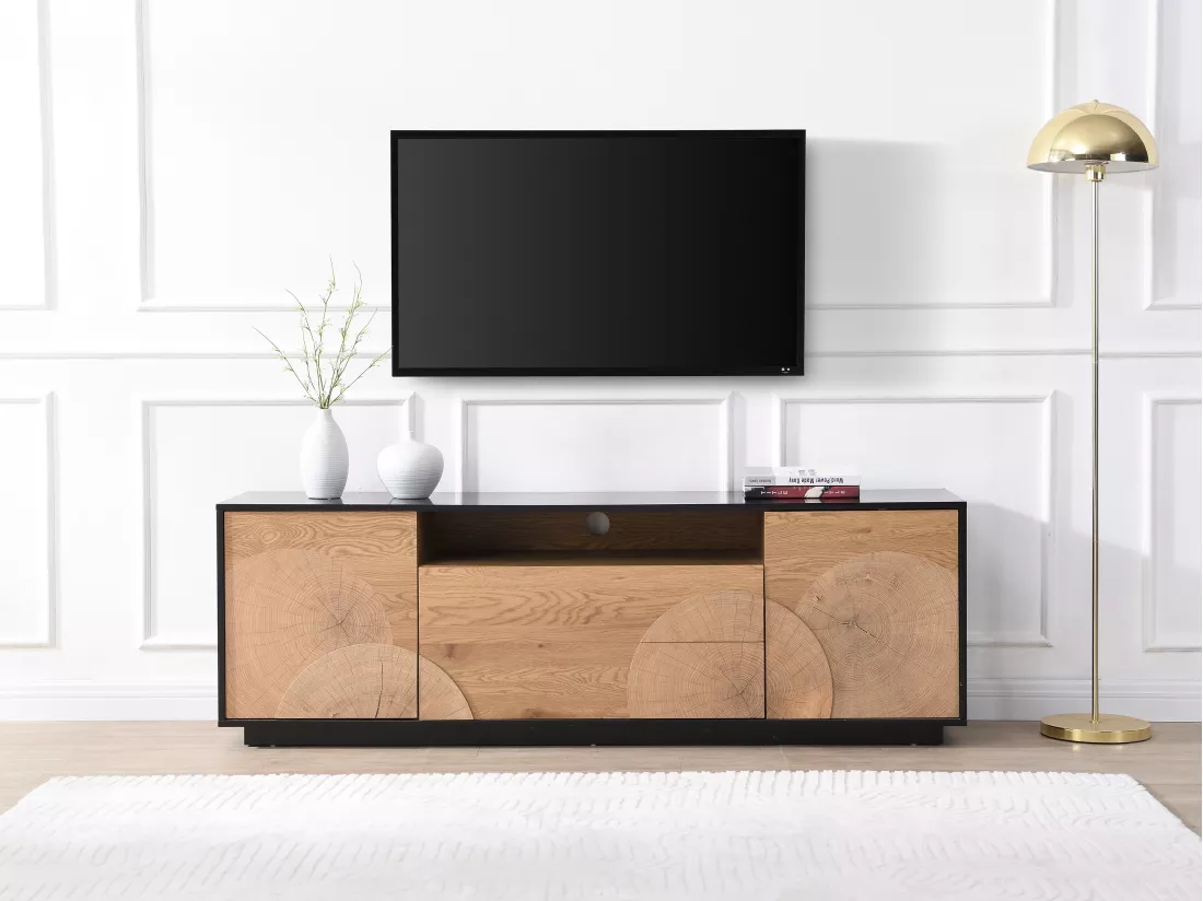 Meuble TV avec 2 portes, 2 tiroirs et 1 niche en MDF - Naturel et noir - YASMELIA