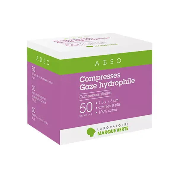Compressas estéreis Green Brand, gaze hidrofílica, 7,5 cm x 7,5 cm, 50 x 2 compressas