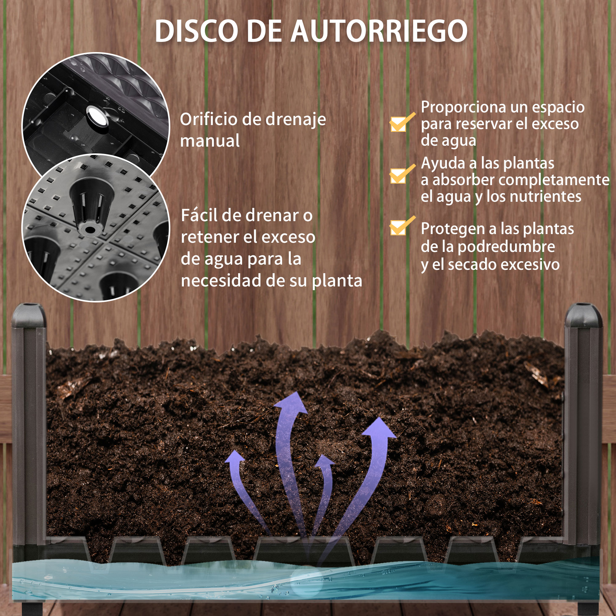 Vaso de plástico Outsunny com rodas, vaso de flores com furos de drenagem para cultivo de plantas ao ar livre, pátio, terraço, 50x50x33 cm, marrom