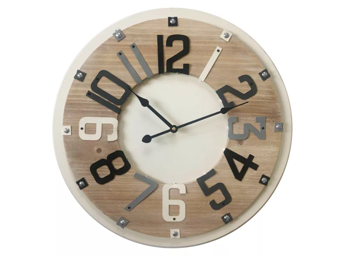 Horloge De Décor Chambre Ronde Bois Metal Beige Marron 50x50x4,5