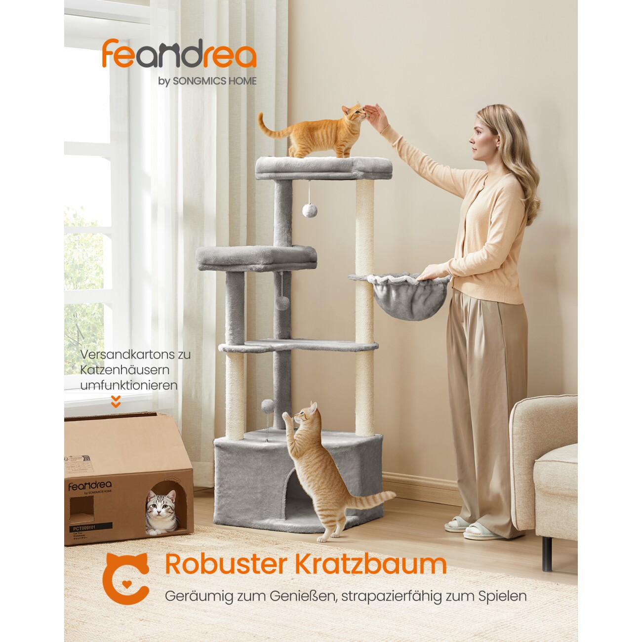 FEANDREA Kratzbaum für Raumecke mit großer Kuschelhöhle hellgrau