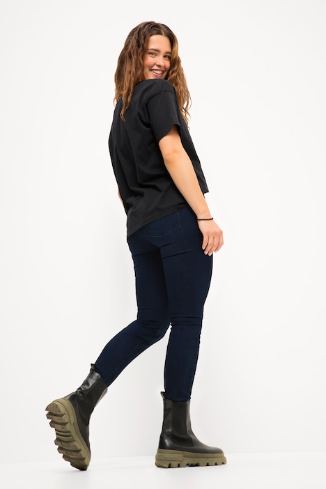 Skinny Jeans, cutted Saum, 5-Pocket, Elastikbund, Zipp-Fly