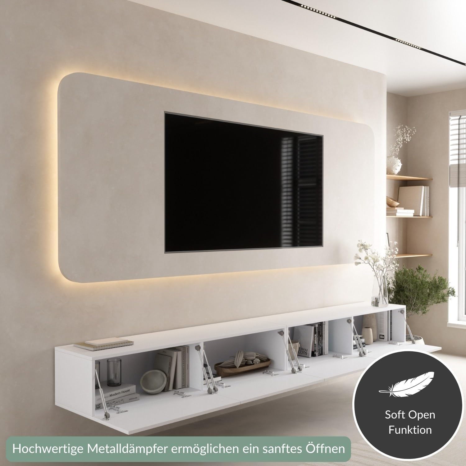 Planetmöbel West TV-Schrank, Fernsehtisch 280 cm lang, TV-Board hängend oder stehend, Fernsehschrank für Wohnzimmer, 2X TV Möbel 37,8 x 140 x 30 cm, weiß