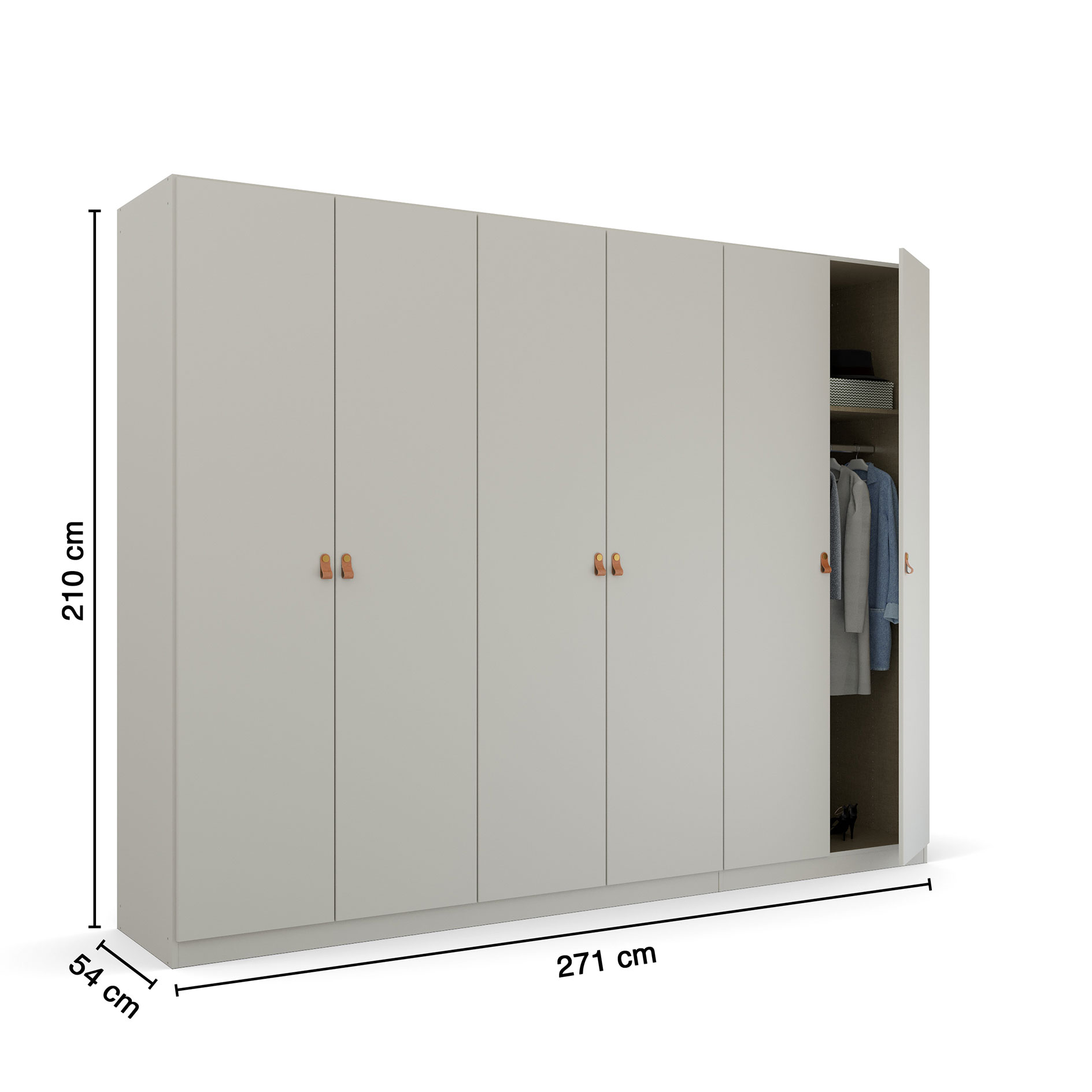 Drehtürenschrank - seidengrau - Ledergriffe - 271 cm
