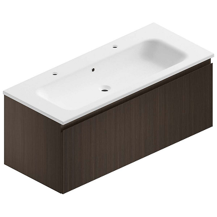 Meuble sous vasque à suspendre Pura placage noyer strié 120 cm + Plan vasque en résine blanc mat