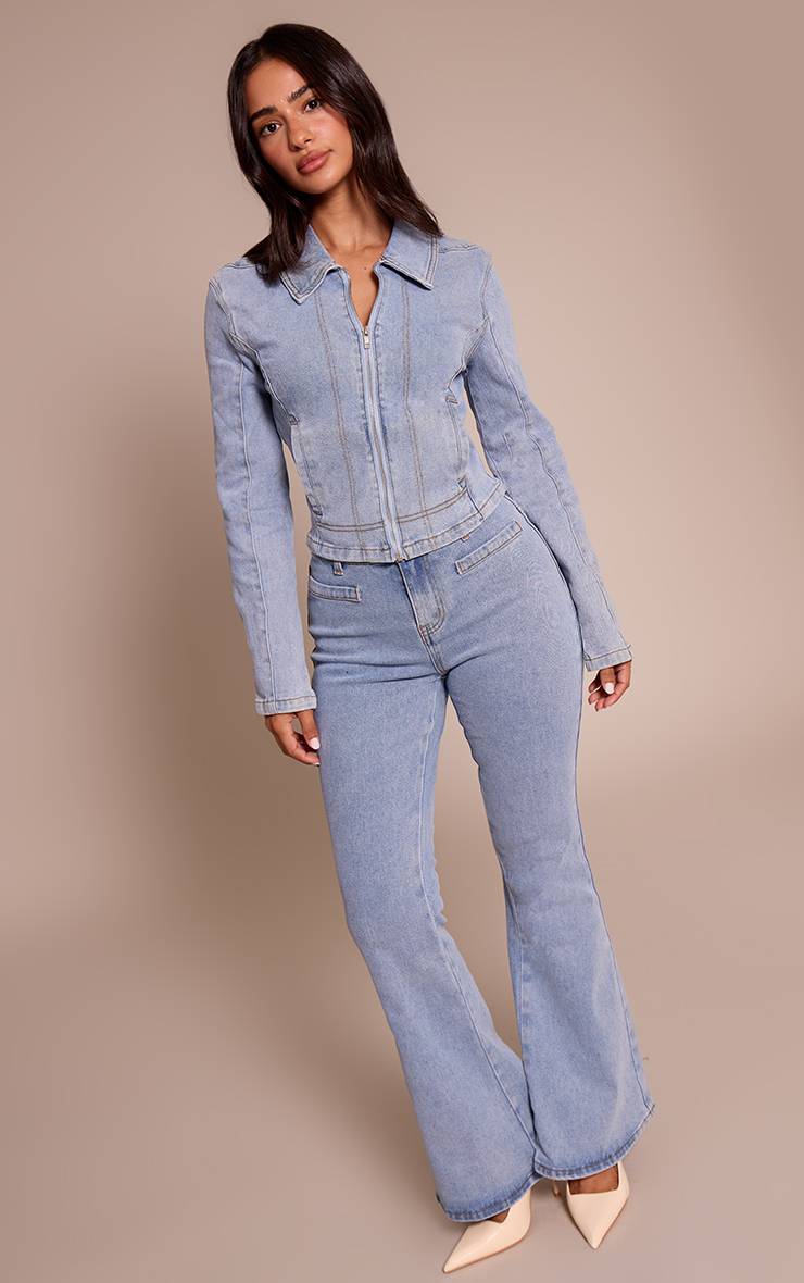 Bleu Clair Veste En Jean Ajustée À Fermeture Éclair Petite Taille