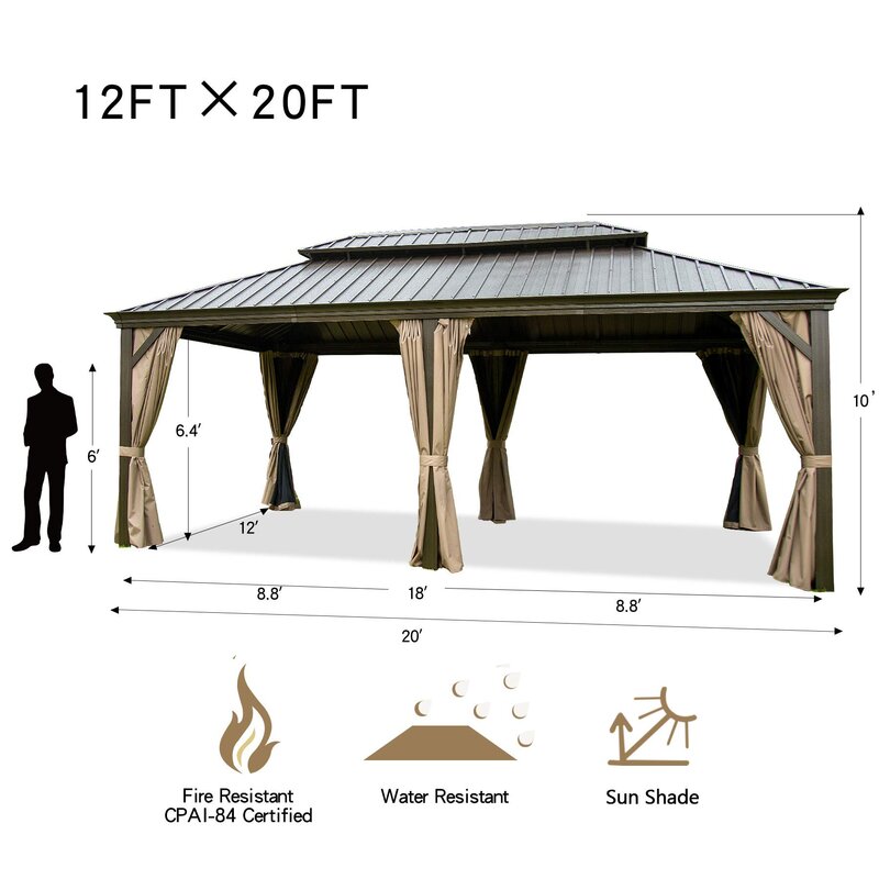 Gazebo Calaro em aço galvanizado para pátio, com 5,94 m de largura x 3,35 m de profundidade.