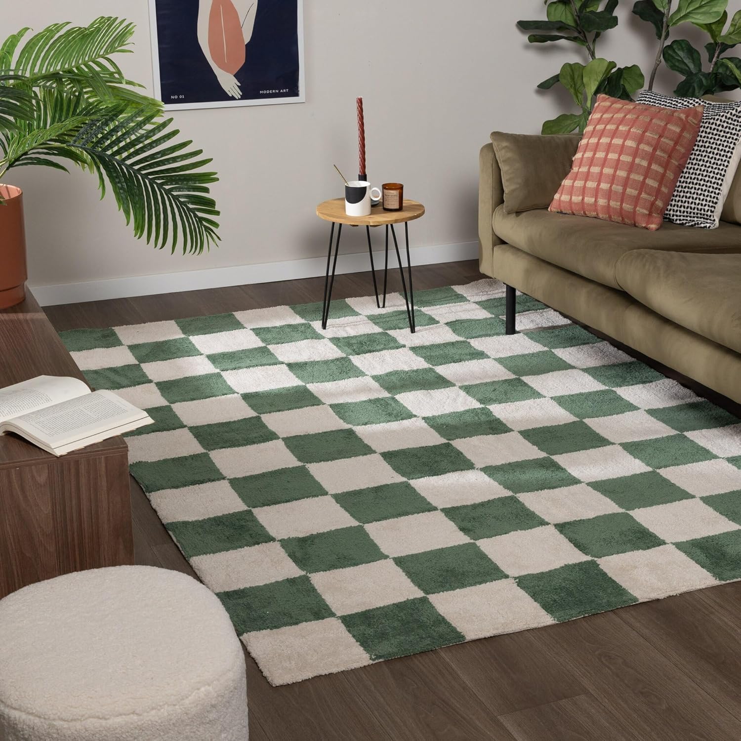 FRAAI | Home & Living Teppich Kariert - Blox Grün Weiß - Baumwolle, Polyester - Hochflor - Blöcke, Kariert - Waschbar in Waschmaschine - Modern - Wohnzimmer, Schlafzimmer, Büro - Carpet