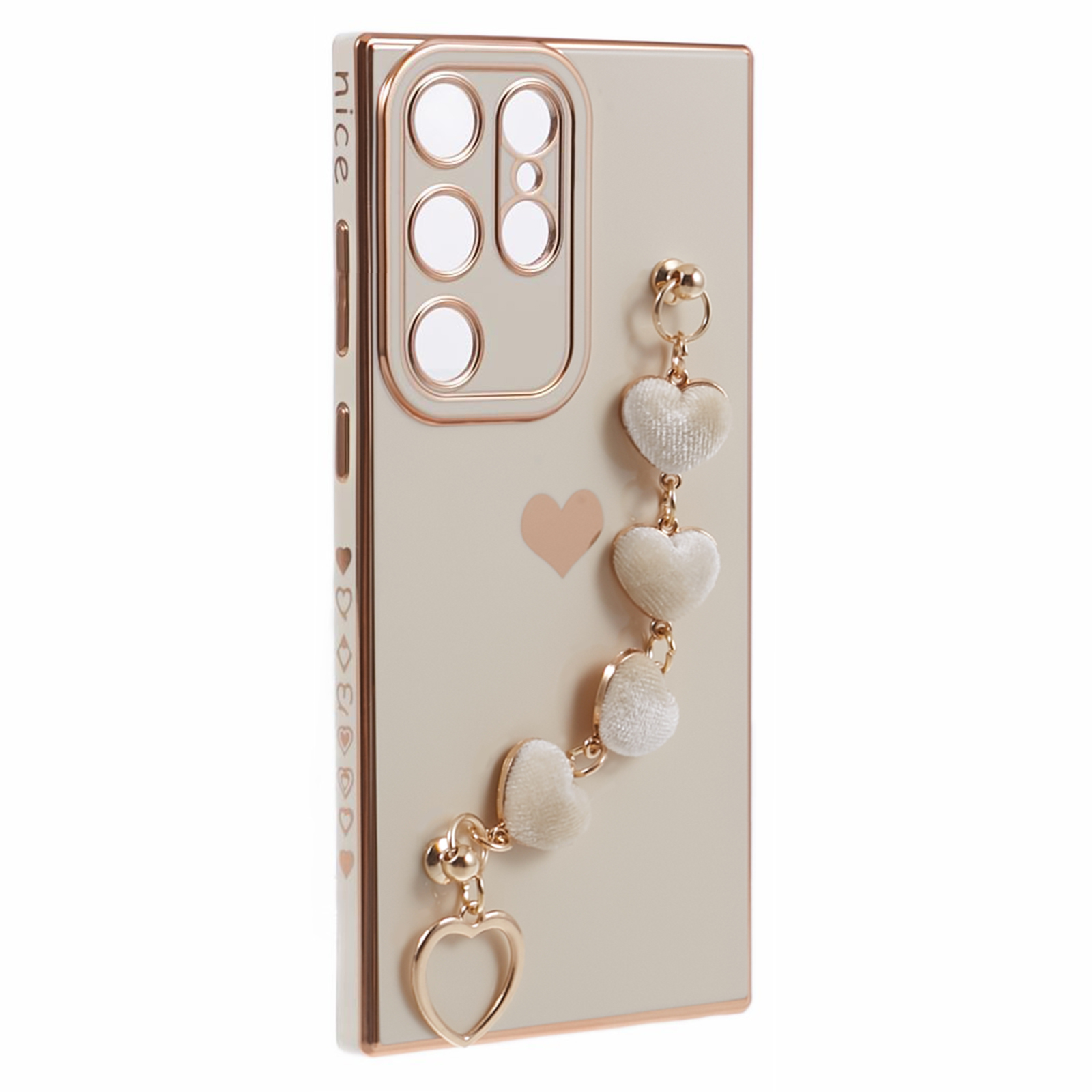 Samsung Galaxy S23 Ultra 5G Gummi Hülle mit Plüsch Herz Kette Handschlaufe   Kameraschutz - Beige / Gold