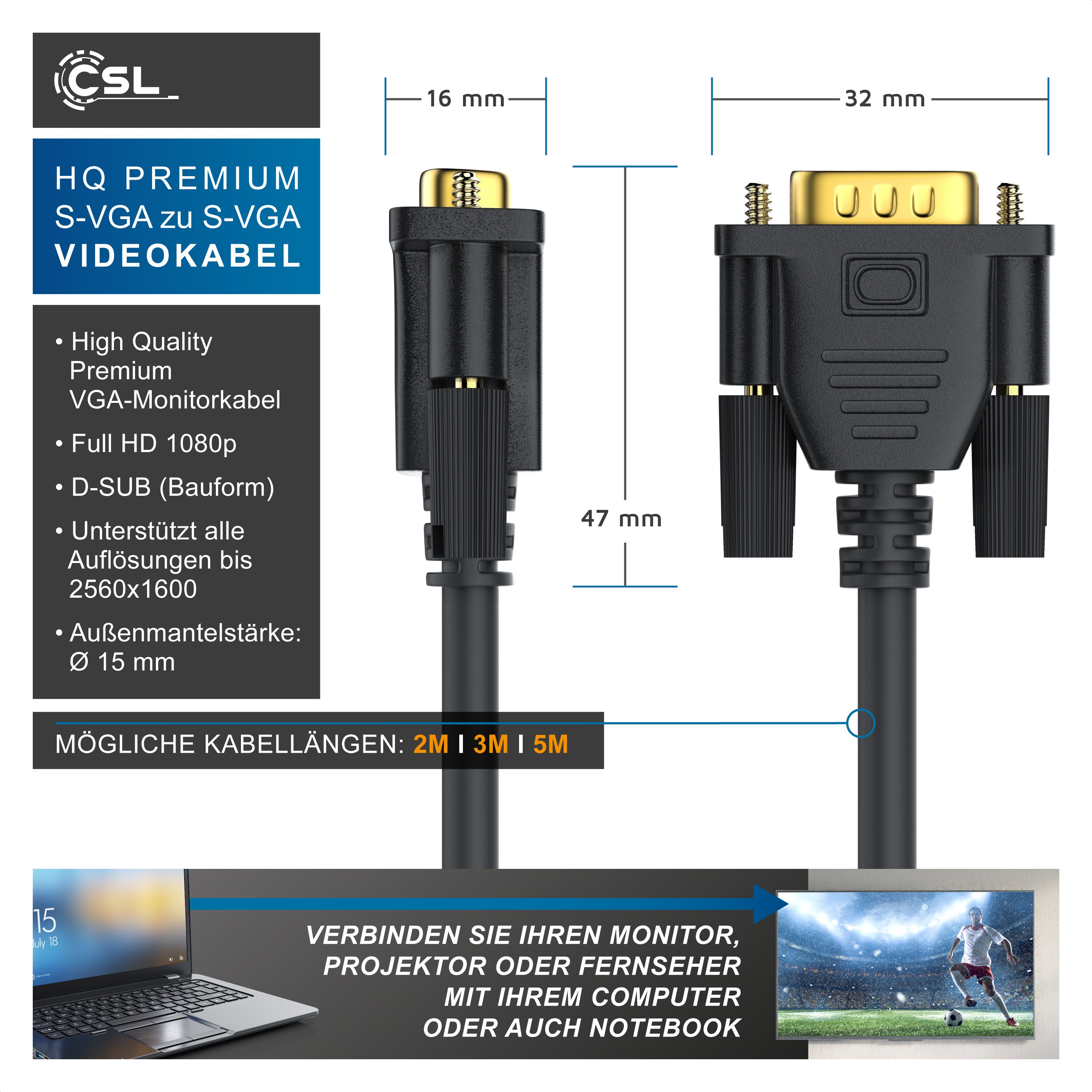 Primewire VGA Monitorkabel / 15-poliger Anschluss (D-Sub) - S-VGA zu S-VGA Videokabel mit 1080p - 3m
