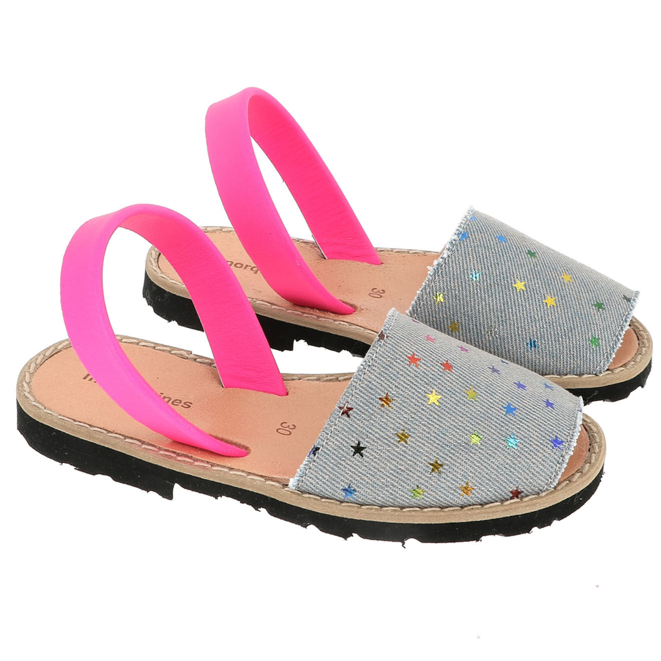 Minorquines Avarcas en Cuir Jean Etoiles denim/rose