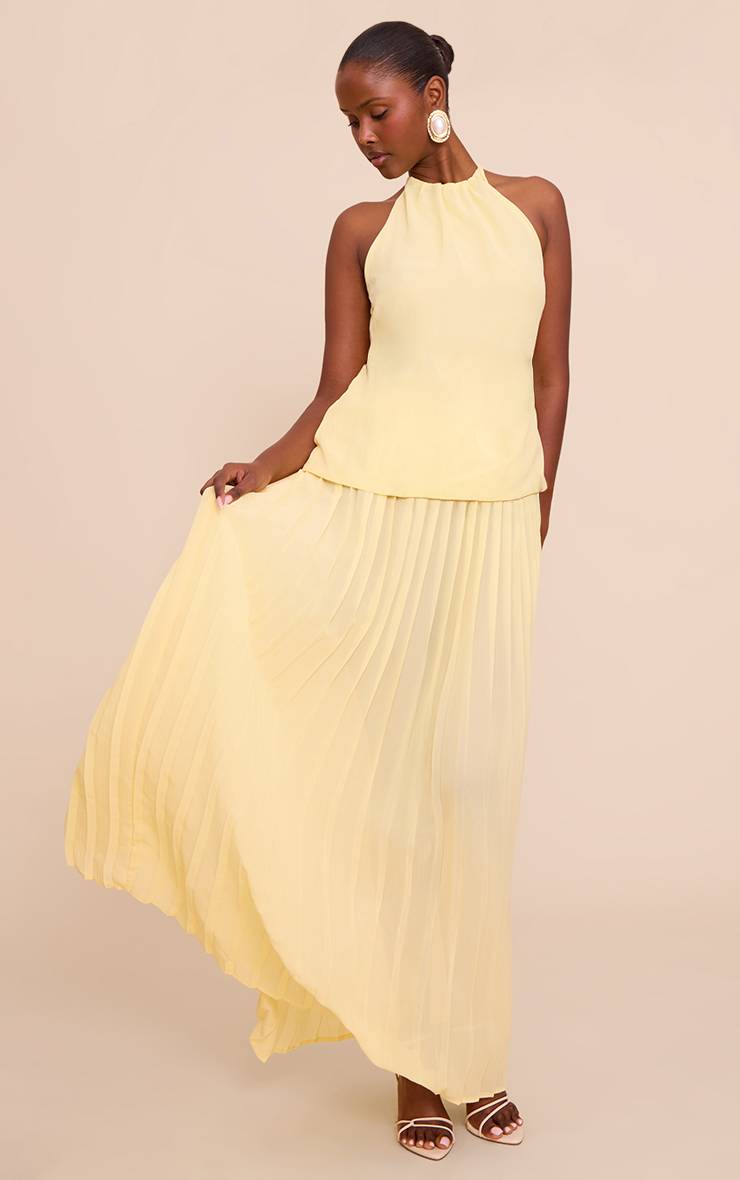 Citron Robe Longue À Jupe Plissée Superposée