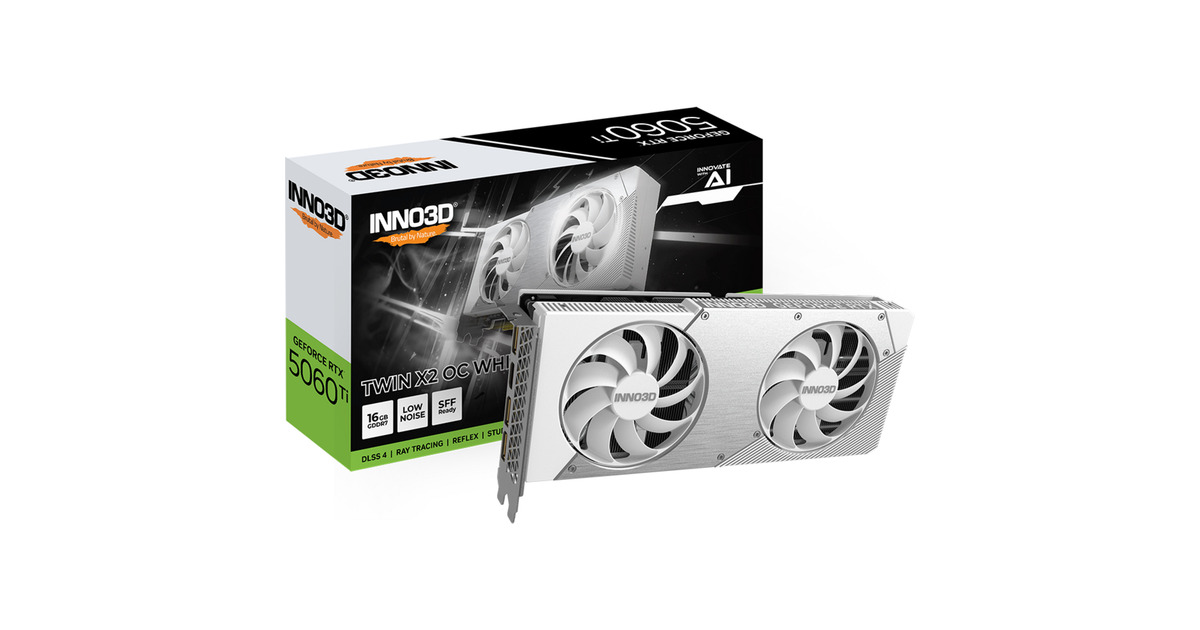 INNO3DGeForce RTX 5060 Ti TWIN X2 OC WHITE 16GB grafische kaart  (Wit, 3x DisplayPort, 1x HDMI 2.1, DLSS 4)