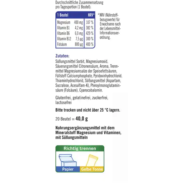 Magnesium 400 + B1 + B12 + Folsäure Direktgranulat