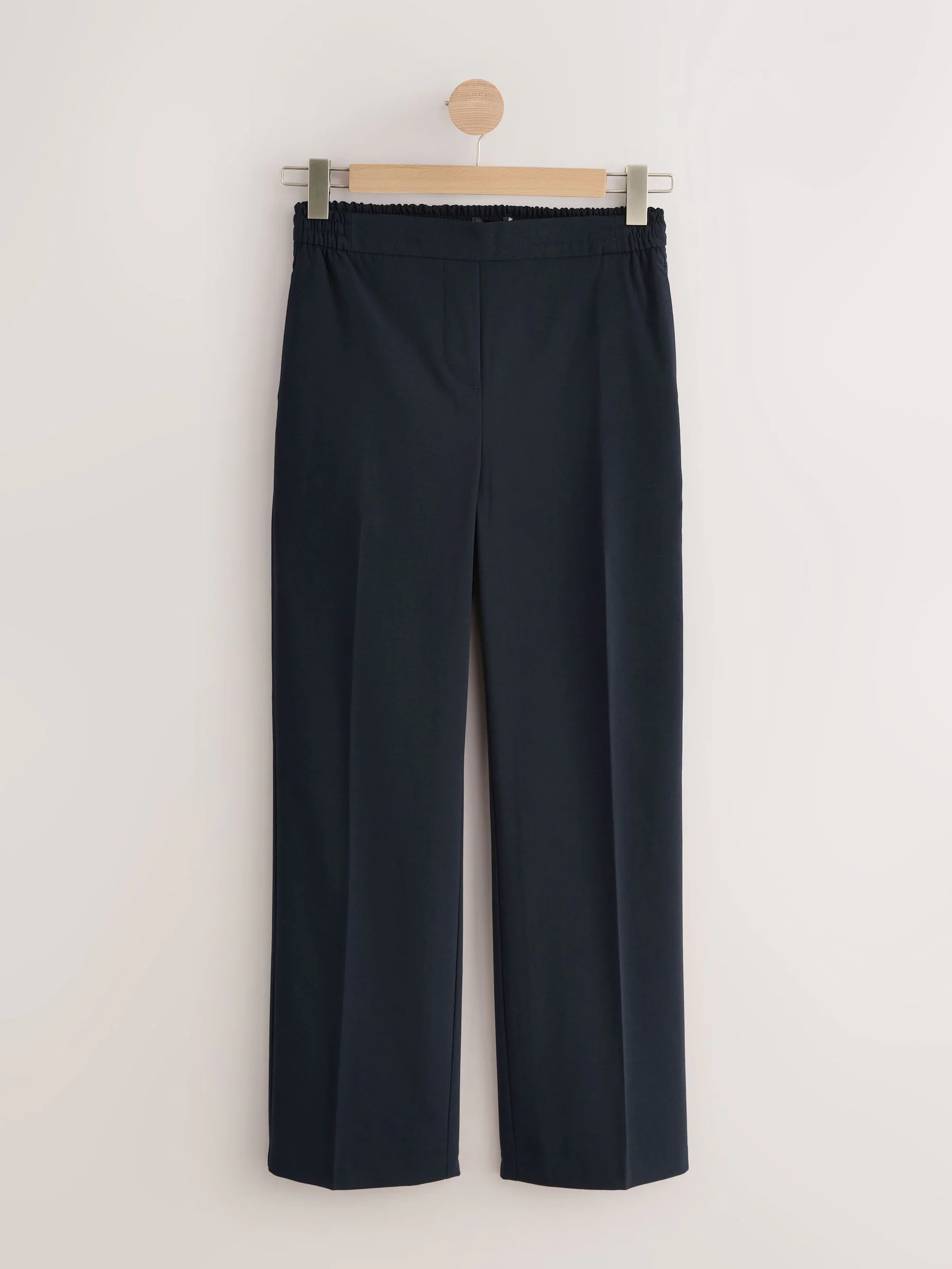Donkerblauw - Modieus gesneden broek met wijde pijpen van wol