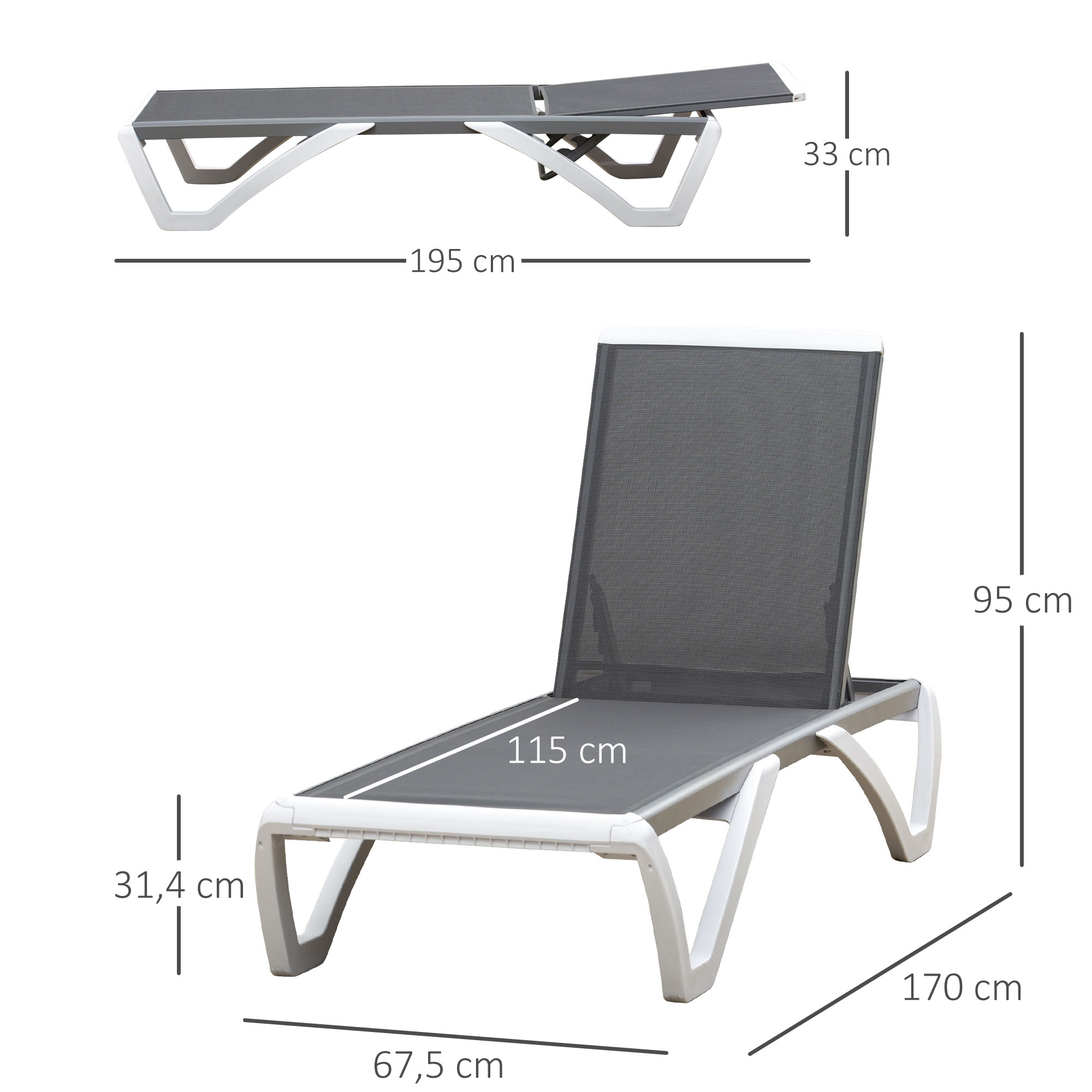 Conjunto de 2 espreguiçadeiras reclináveis de alumínio Outsunny, com encosto ajustável em 5 níveis e 2 rodas, ideais para pátio, varanda e área da piscina. Dimensões: 170 x 67,5 x 95 cm. Cores: cinza e branco.