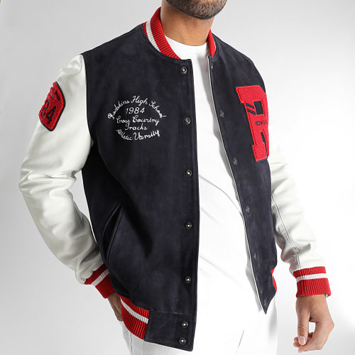Veste Teddy Cuir Clan Muster Bleu Marine Blanc