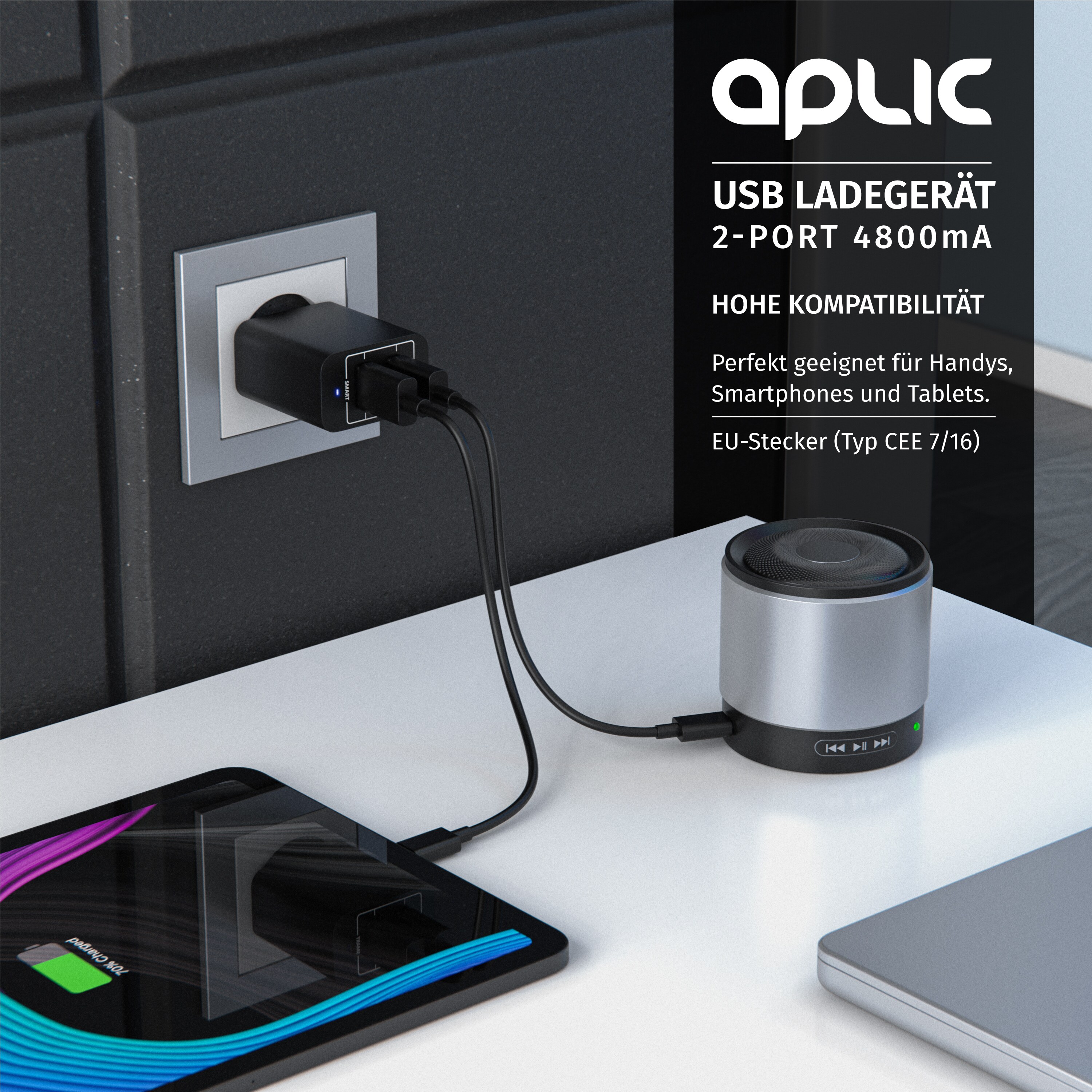 Aplic USB-Ladegerät 4800 mA, 2-Port Netzteil für Handy/Smartphone/Tablet, 4800mA - 2400mA je Port