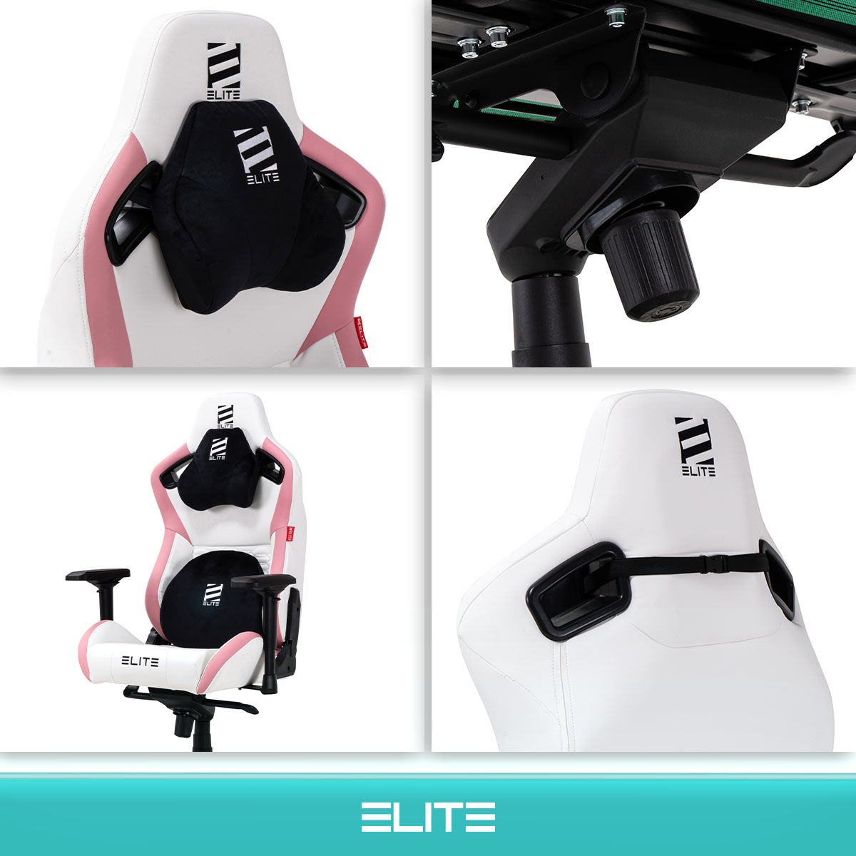 ELITE Gaming-Stuhl MERCENARY groß, ergonomisch mit Premium-Rücken- und Kopf-Nackenkissen, 48-53cm (Weiß/Pink)