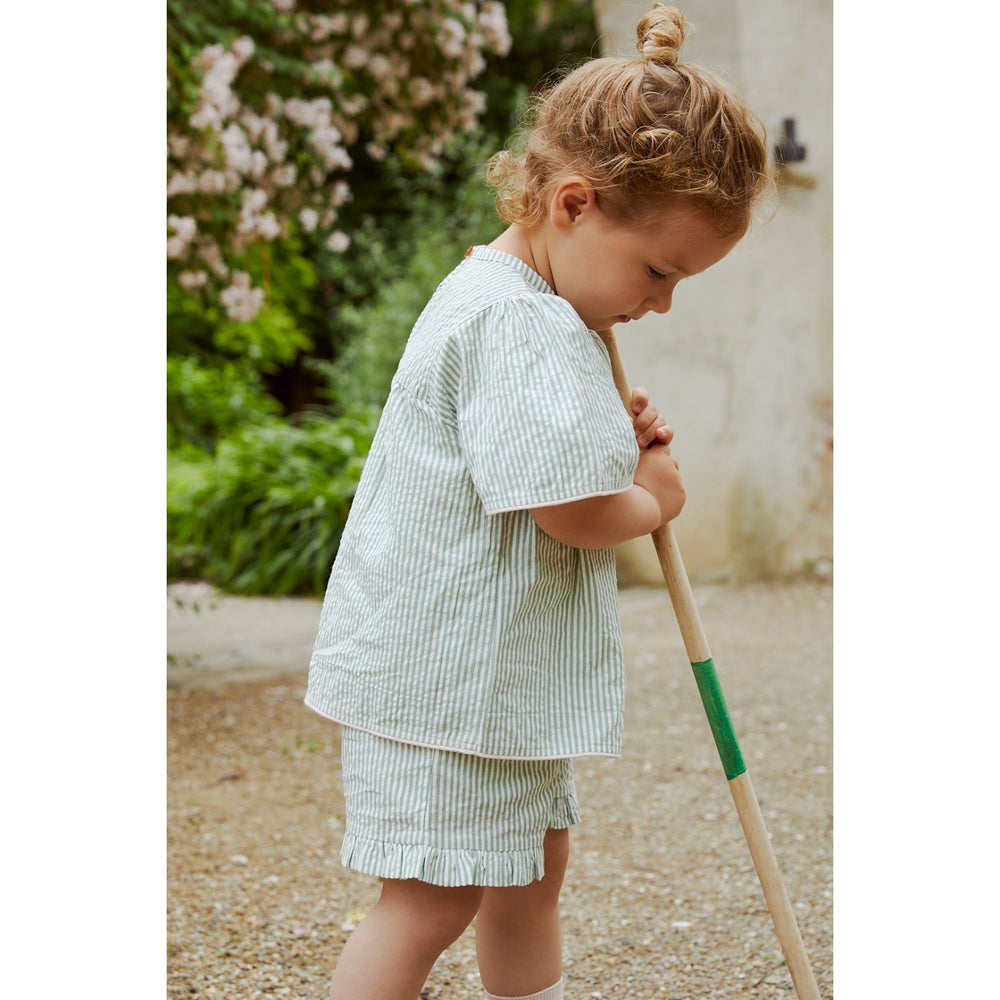 Køb COPENHAGEN COLORS Green W Cream Stripe W. Dusty Rose Seersucker Bluse W. Contrast Edge