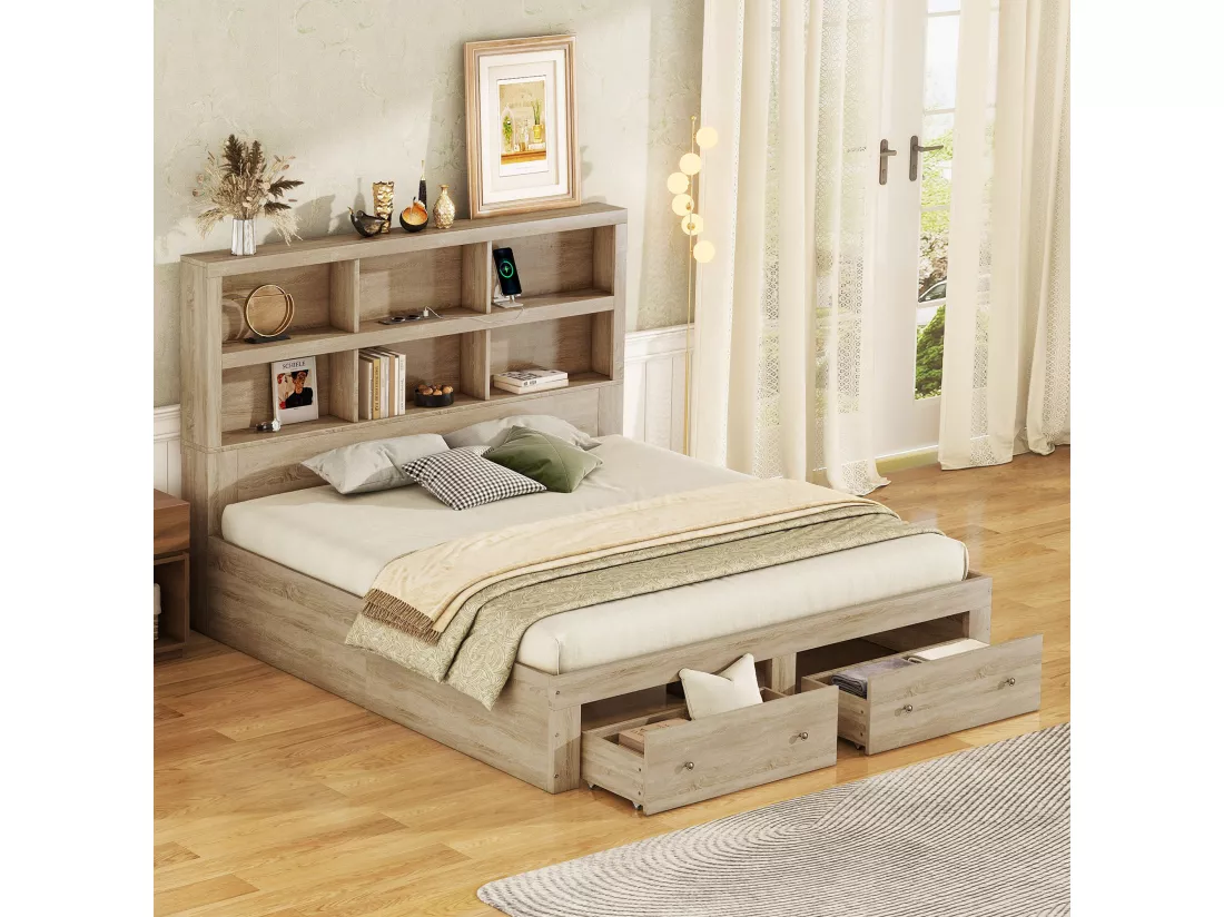 Lit double en bois massif avec tiroirs de rangement et tête de lit, naturel
