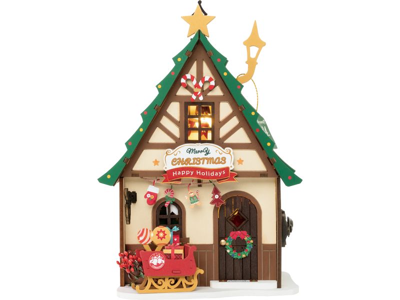 RoboTime Bausatz Funkelndes Weihnachtshaus 3D-Puzzle aus lasergeschnittenen Holzteilen