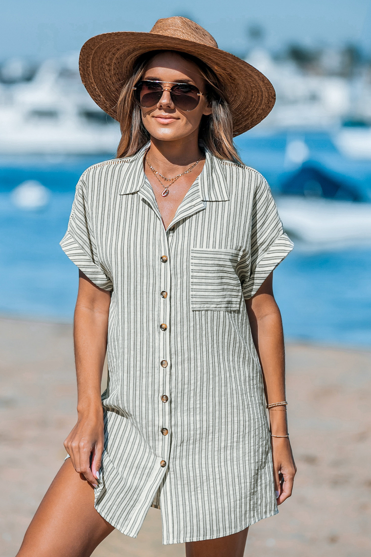 Robe cover up en pur coton mini avec col chemise à rayures