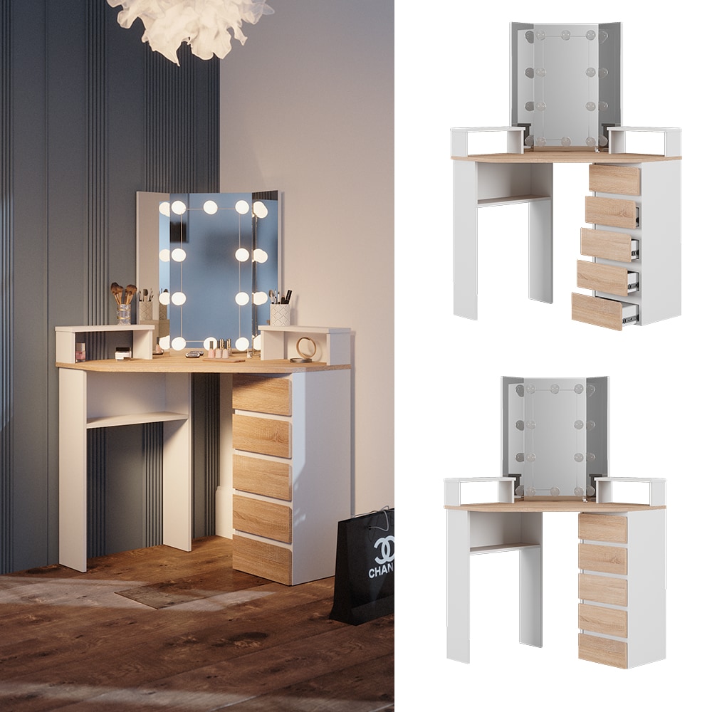 Vicco Eckschminktisch Frisiertisch Frisierkommode Tilda Weiß Sonoma Spiegel LED 110x140 cm modern Ablage
