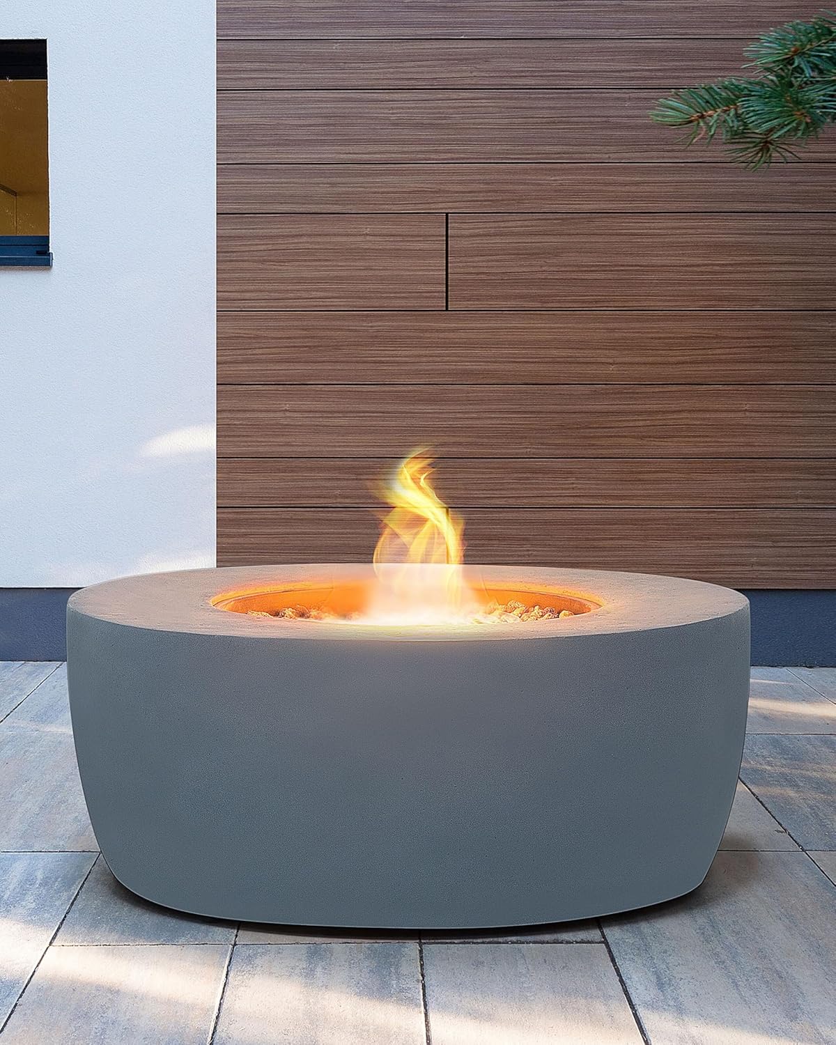Stilvolle Feuerstelle Leichtbeton/Edelstahl dunkelgrau rund Modern Indus